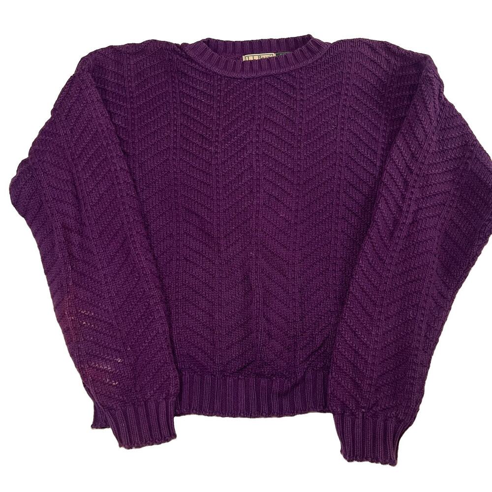 L.L. Bean Sweater Women Size M Purple Cotton Cable Knit USA Classic Vintage FLAW